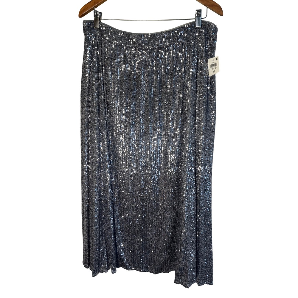 ON-34TH Silver Sequin Midi Skirt Womens Size 16 Cocktail Disco Glam Party NEW